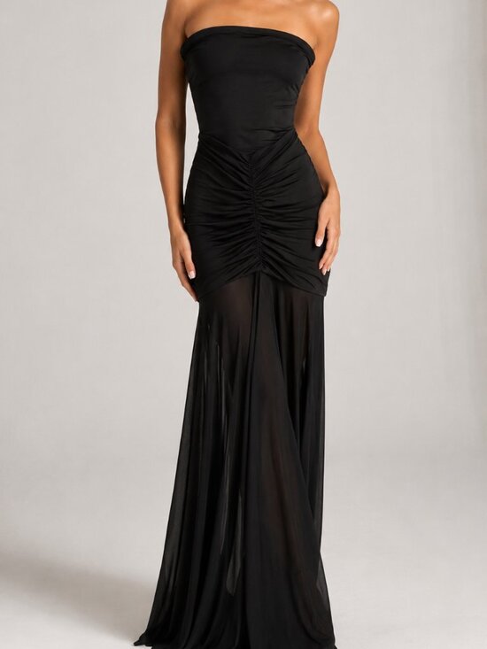 Meshki Dresses & Skirts - MESHKI Black Strapless Ruched Sheer Hem Maxi Dress XS